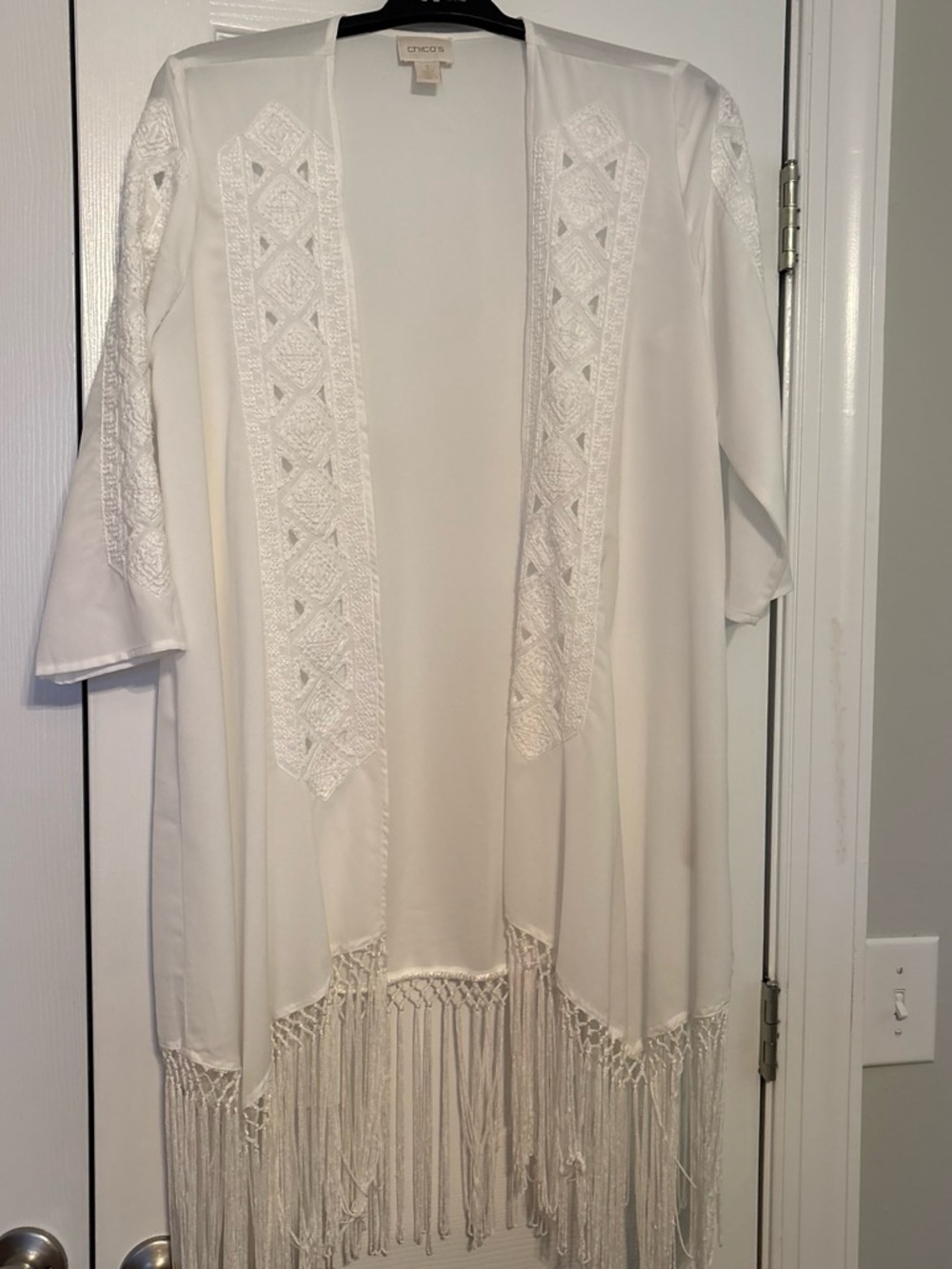 Chico’s White Fringe Open Front Kimono